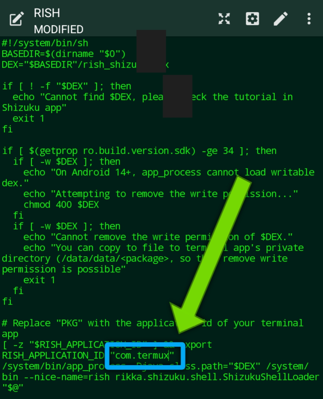 Editing rish: replace PKG with com.termux
